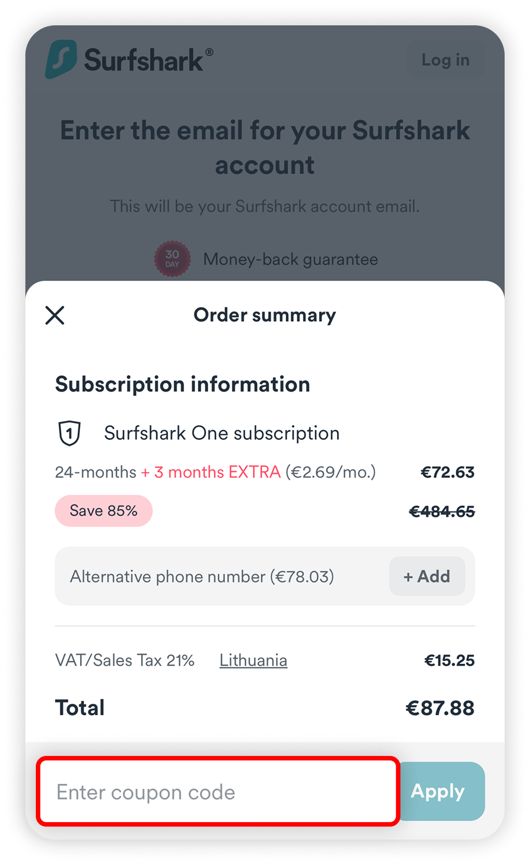 View of Surfshark subscription buying page ios, enter the coupon code field is highlighted.png