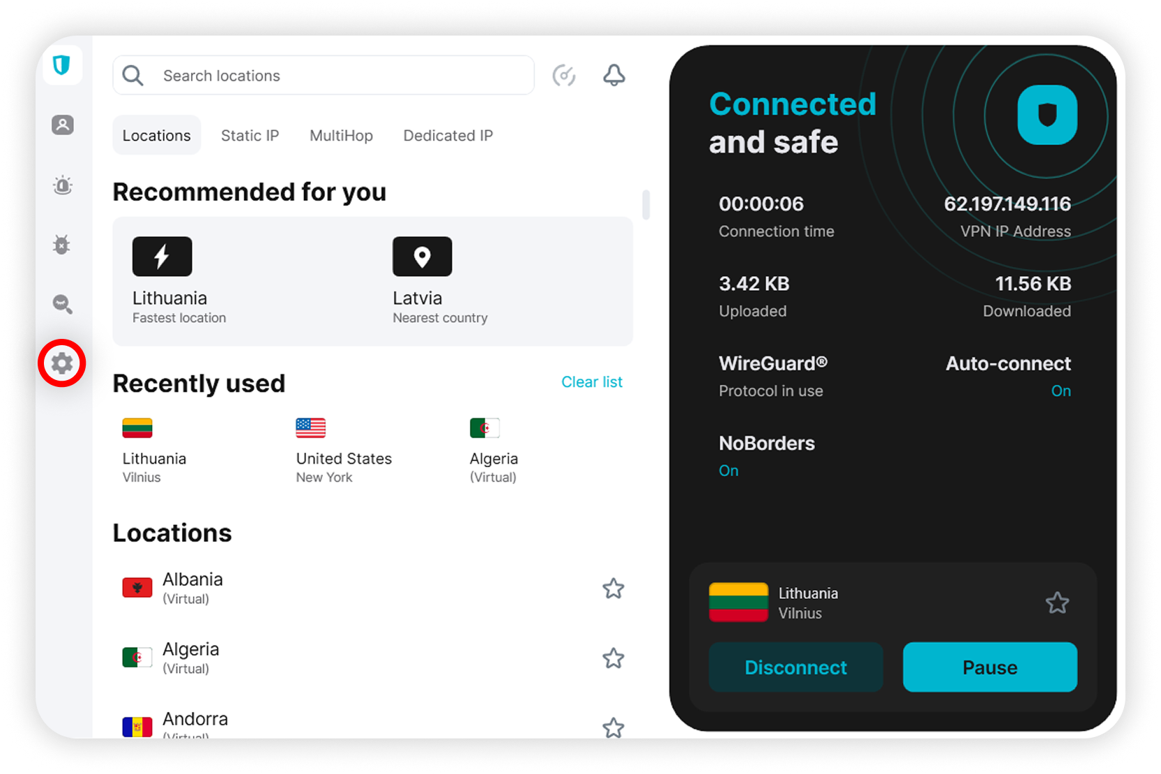 View of Surfshark Windows application, settings button is highlighted.png
