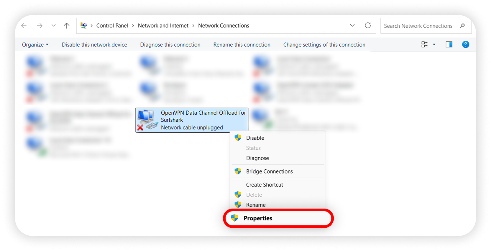 View of Windows network connections section, properties button is highlighted.png