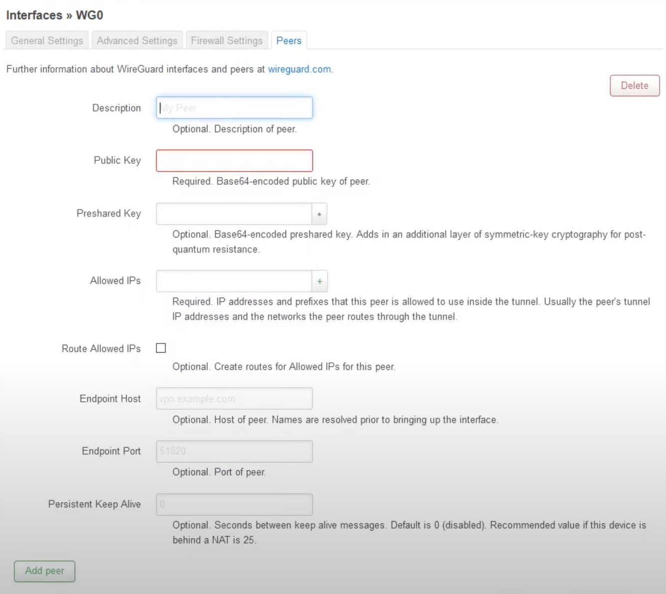 WireGuard peer settings page in OpenWrt, showing fields for description, public key, preshared key, and allowed IPs.